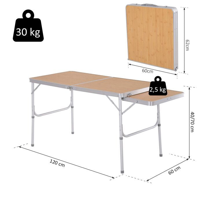 Tavolo da Campeggio Picnic Pieghevole Regolabile in Alluminio 120x60x40/70 cm -6