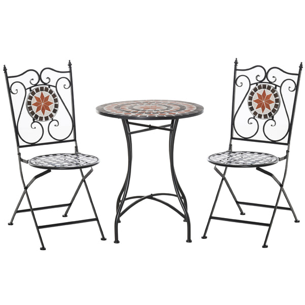 online Ensemble table de jardin et 2 chaises pliantes avec mosaïque en métal noir