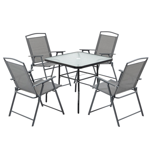 Ensemble de table et 4 chaises de jardin pliantes en acier avec plateau en verre et assises en tissu noir acquista