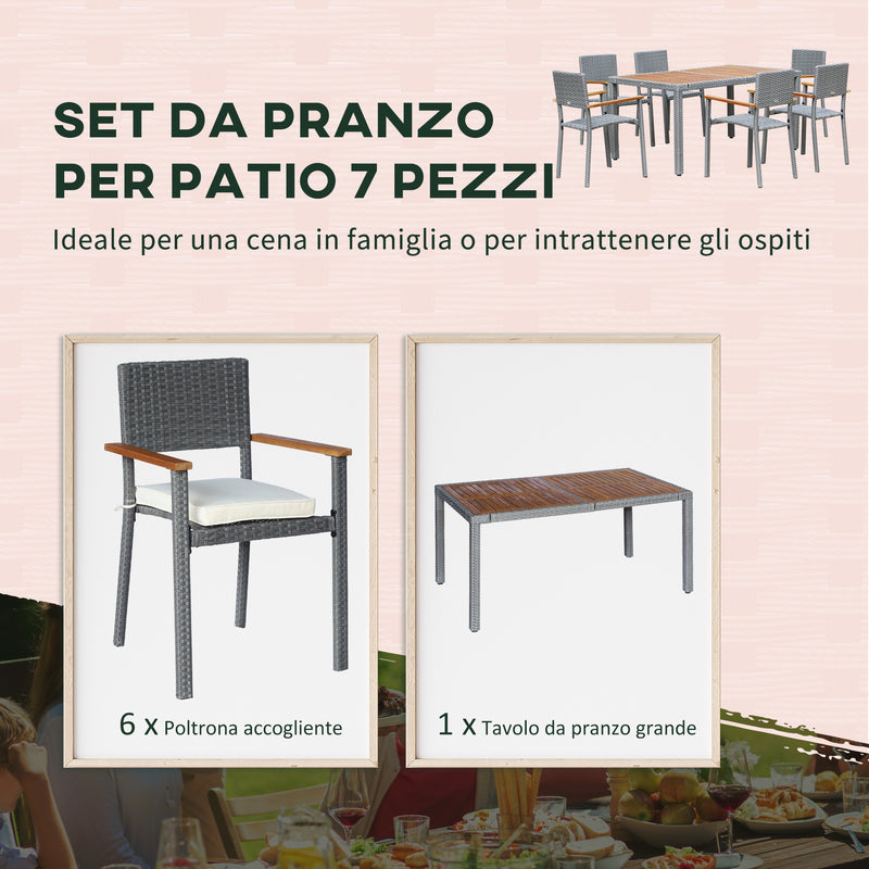 Set Tavolo e 6 Sedie da Giardino  in Acciaio Legno e Rattan Grigio-4