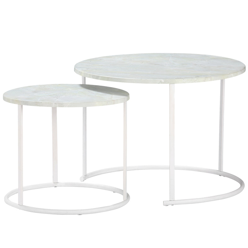 Set 2 Tavolini da Giardino in Metallo Piano Effetto Marmo Bianco-1
