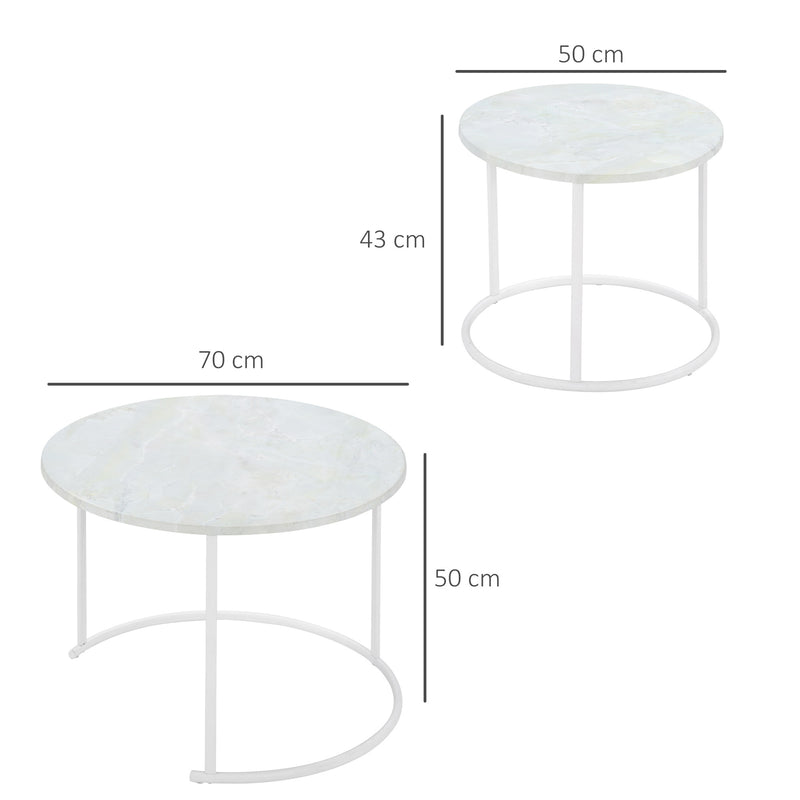 Set 2 Tavolini da Giardino in Metallo Piano Effetto Marmo Bianco-3