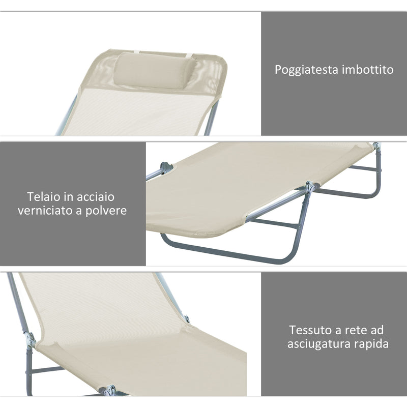 Set 2 Lettini Prendisole Pieghevoli 137x56x82 cm in Metallo Tessuto a Rete Beige-6