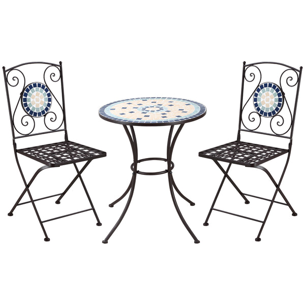 online Ensemble table de jardin et 2 chaises pliantes avec mosaïque en métal noir