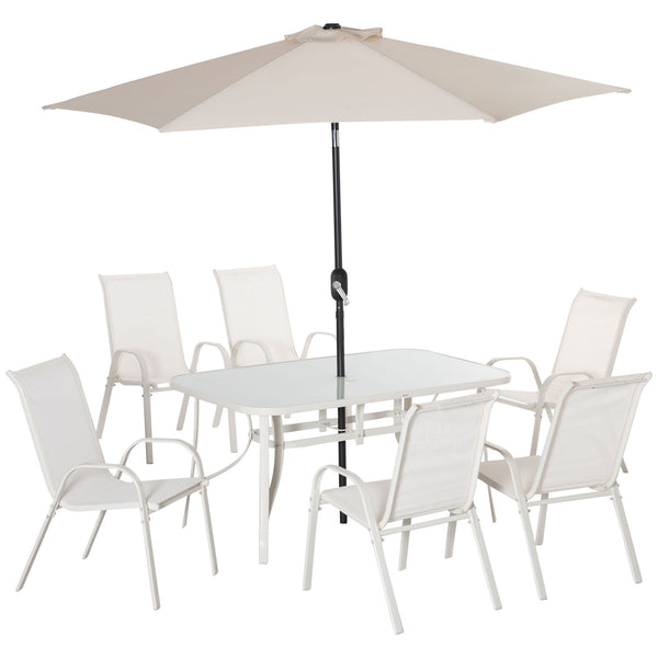 acquista Ensemble de table de jardin 6 chaises et parasol en métal et polyester blanc