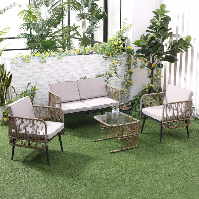 Set da Giardino Divano 2 Poltrone e Tavolino in Rattan Beige-2