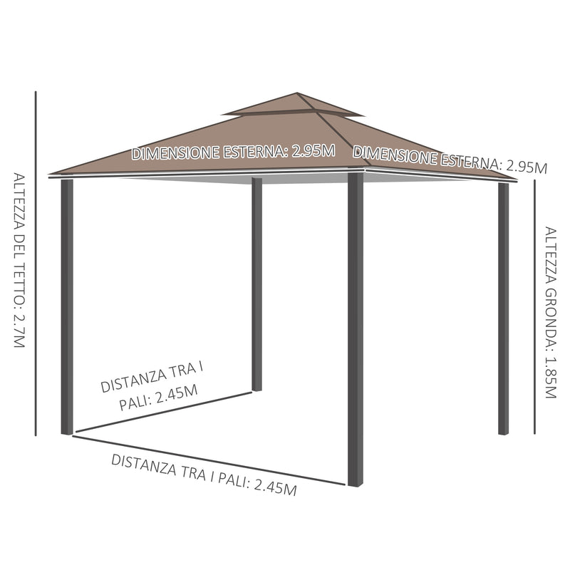 Gazebo da Giardino 3x3m con Zanzariera in Metallo e Poliestere Marrone e Bianco-3