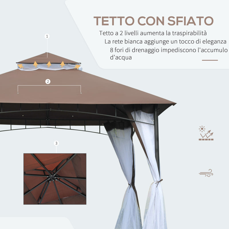 Gazebo da Giardino 3x3m con Zanzariera in Metallo e Poliestere Marrone e Bianco-4