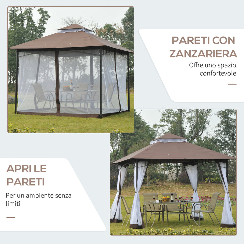 Gazebo da Giardino 3x3m con Zanzariera in Metallo e Poliestere Marrone e Bianco-5