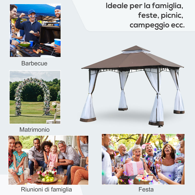 Gazebo da Giardino 3x3m con Zanzariera in Metallo e Poliestere Marrone e Bianco-7