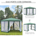 Gazebo Esagonale 3,9x2,5 m con Zanzariere in Ferro e Poliestere Verde -5