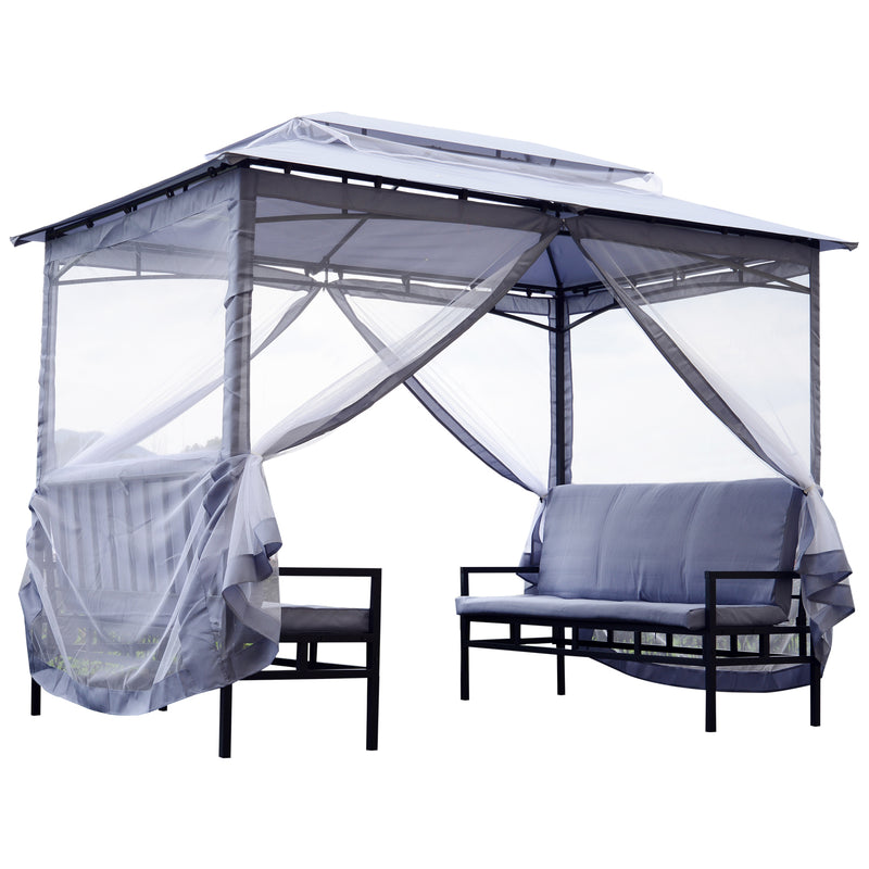 Gazebo da Giardino 2x2.9x2.45m in Acciaio Zanzariere e Panchine Grigio -1