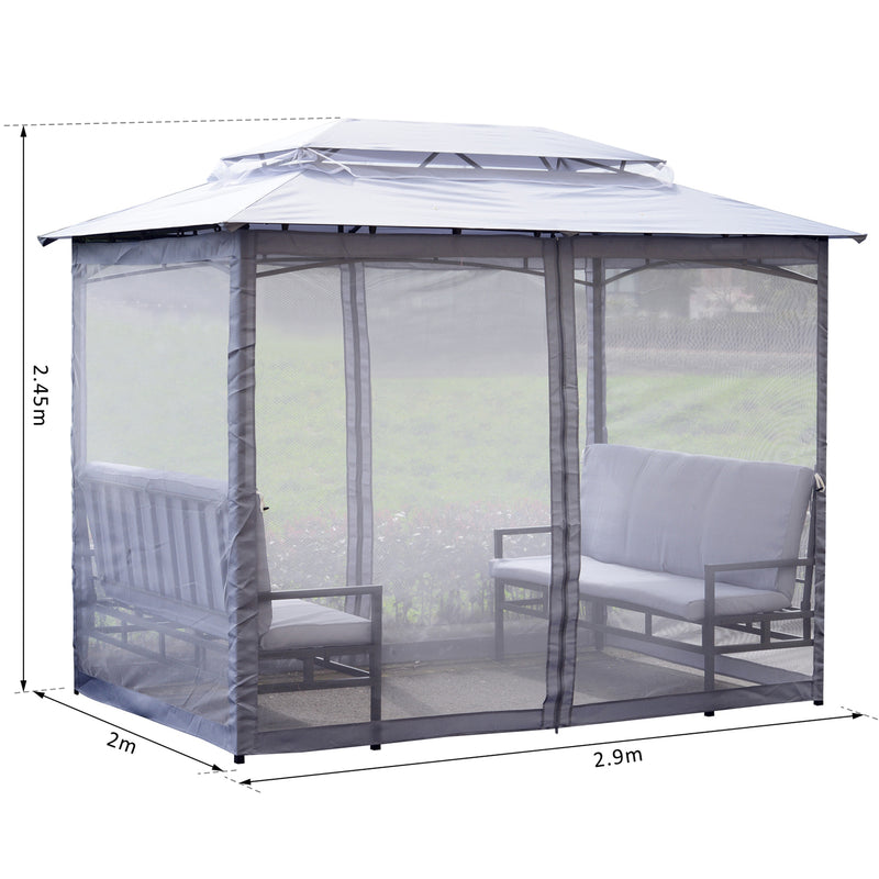 Gazebo da Giardino 2x2.9x2.45m in Acciaio Zanzariere e Panchine Grigio -3