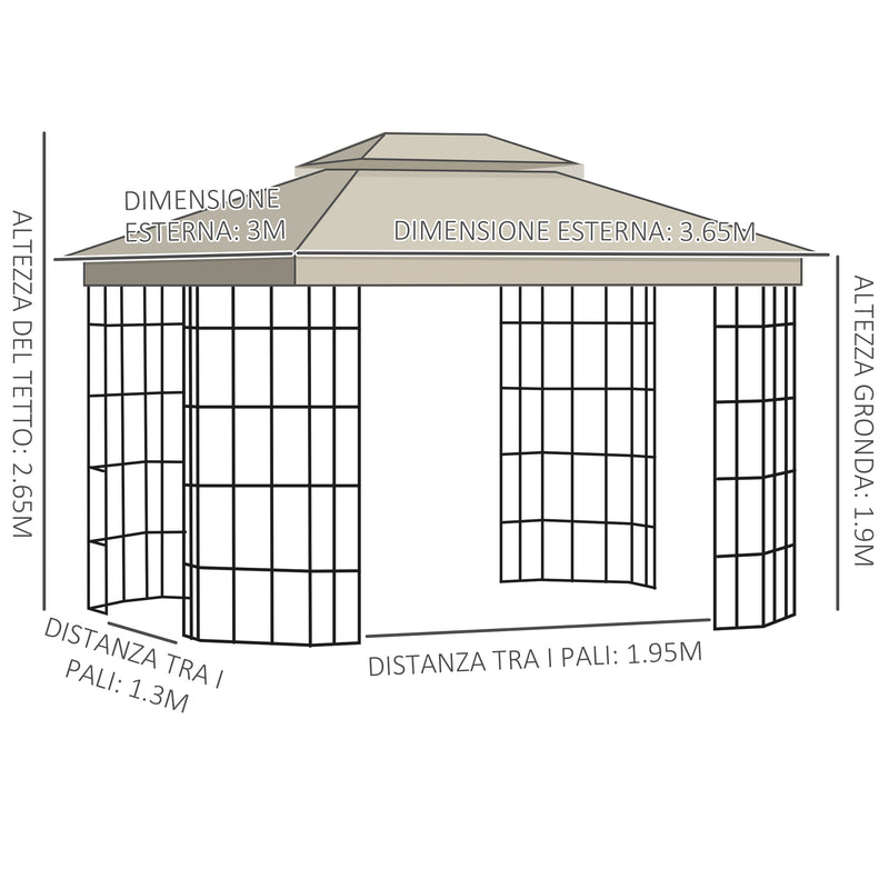 Gazebo da Giardino 3,65x3m in Metallo Beige-3