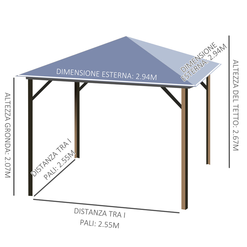 Gazebo da Giardino 2,94x2,94m con Zanzariere in Policarbonato Caffè e Khaki-3