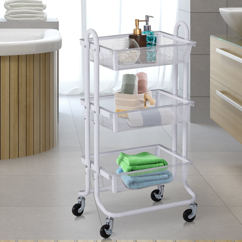 Carrello da Cucina Multiuso Salvaspazio 3 Livelli in Acciaio a Rete Bianco 47x38.5x89 cm -2