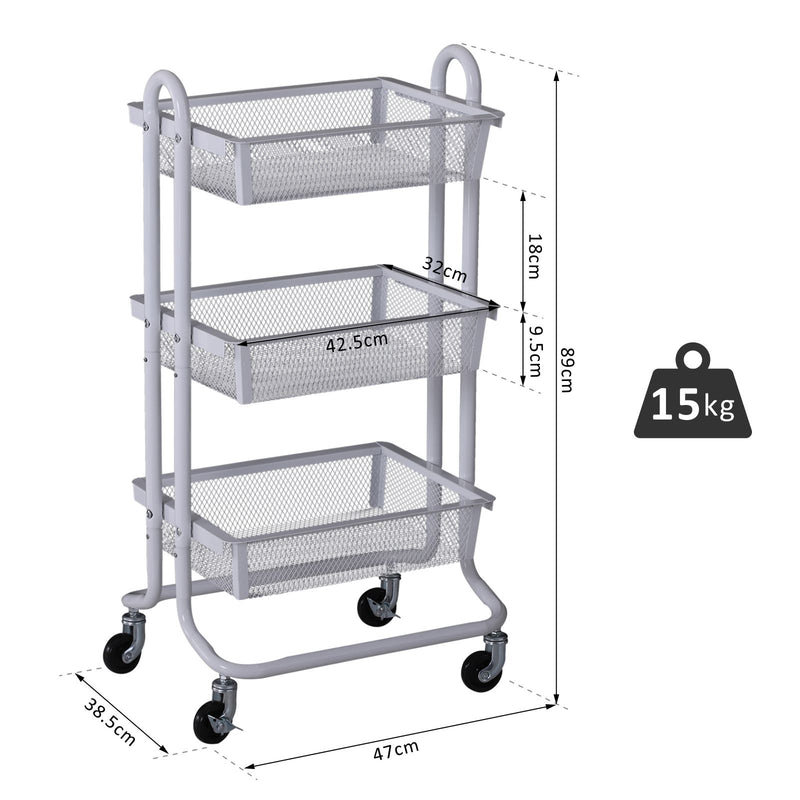 Carrello da Cucina Multiuso Salvaspazio 3 Livelli in Acciaio a Rete Bianco 47x38.5x89 cm -7