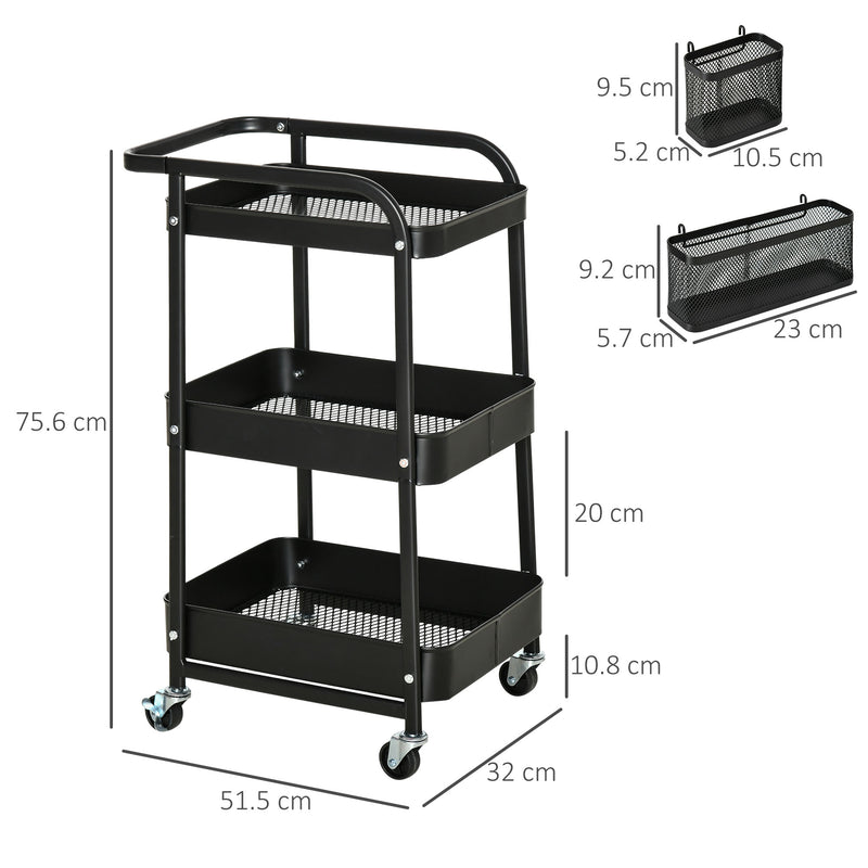 Carrello Portavivande da Cucina 3 Ripiani 51,5x32x75,6 cm con Ruote in Acciaio Nero-3