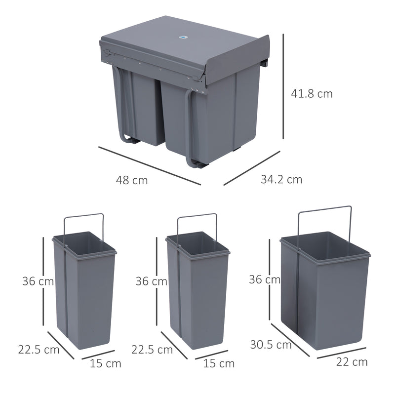 Pattumiera Differenziata 3 Contenitori 48x34,2x41,8 cm 40lt per Mobili Grigio-3