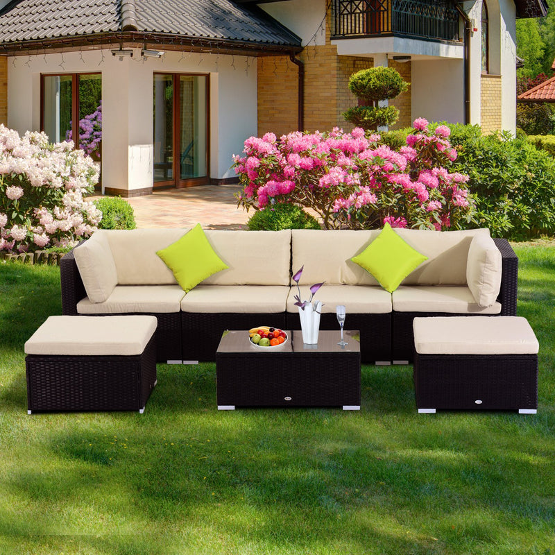 Set Salotto da Giardino in Rattan Sintetico 7 Pezzi Divano e Tavolino con Cuscini Nero -2