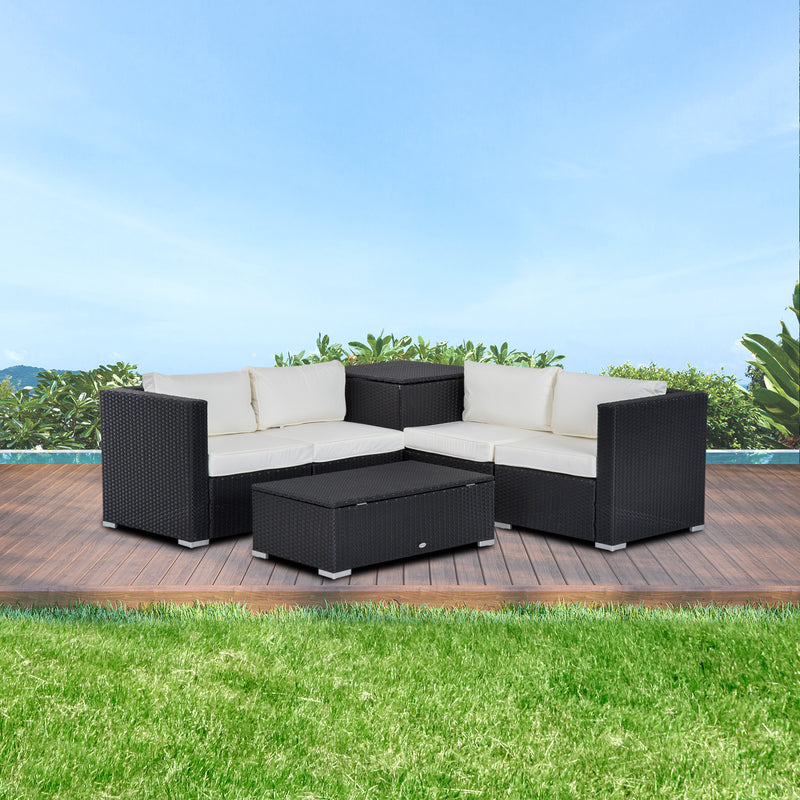 Set Salotto da Giardino Divano Angolare e Tavolino in Rattan Nero e Crema-2