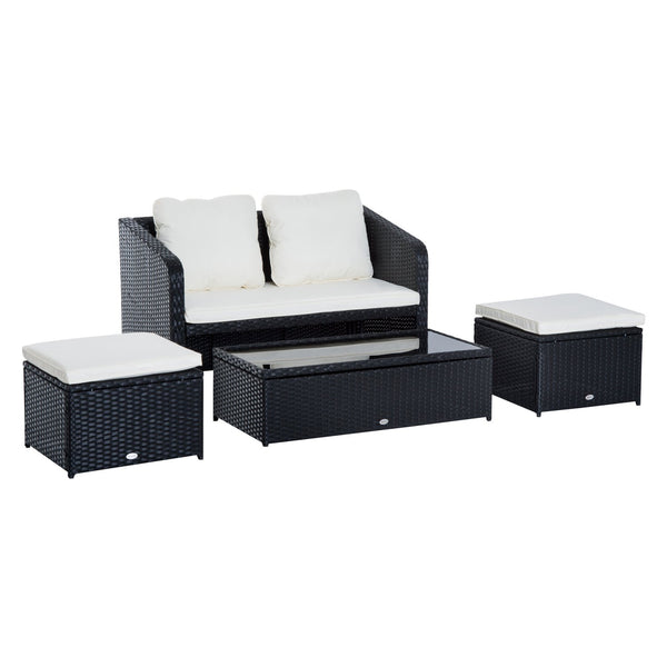 Salon de jardin en rotin synthétique canapé pouf et table basse avec coussins noirs sconto