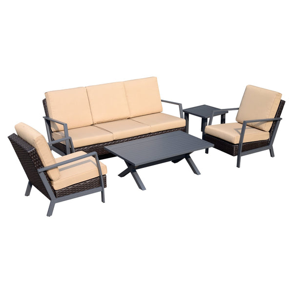 acquista Salon de jardin en rotin synthétique canapé et fauteuils avec coussins marron et beige