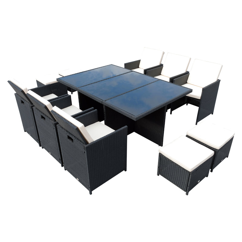 Set Tavolo e 6 Sedie da giardino in Alluminio e Rattan Sintetico 4 Poggiapiedi e Cuscini Nero -1