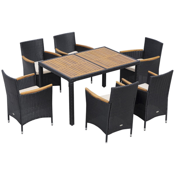 Ensemble de table et 6 chaises de jardin pliantes avec coussins moelleux en rotin PE et bois noir online