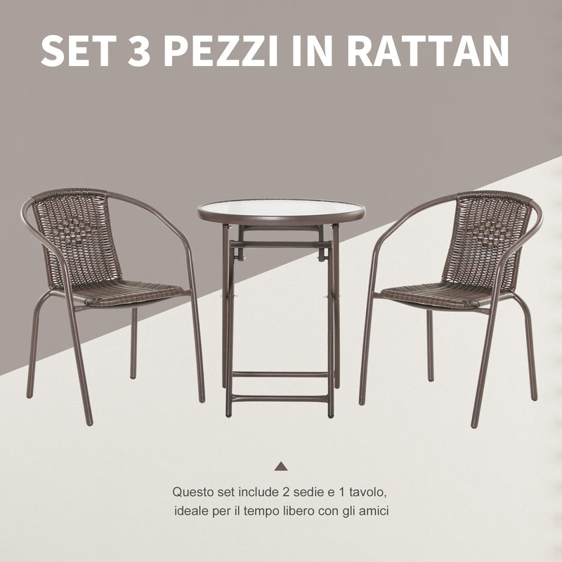 Set Tavolo e 2 Sedie Pieghevoli da Giardino in Acciaio e Rattan Marrone-4