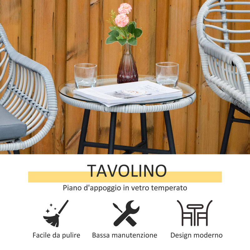 Set Tavolino e 2 Sedie da Giardino in Rattan Polietilene Grigio-6