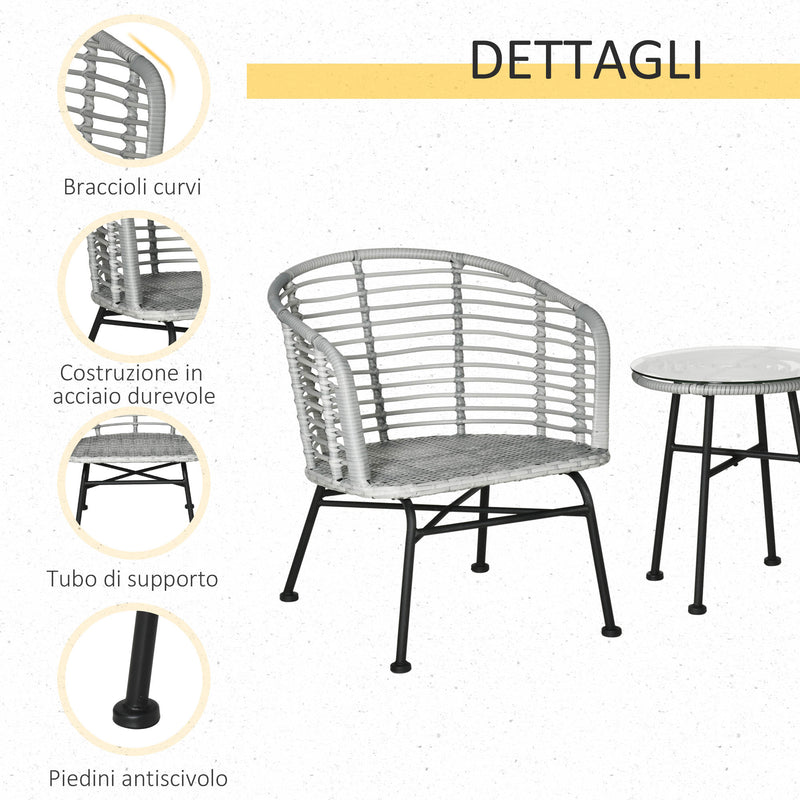 Set Tavolino e 2 Sedie da Giardino in Rattan Sintetico Grigio-7