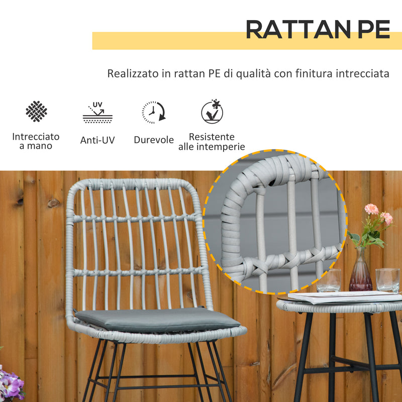 Set Tavolino e 2 Sedie in Rattan Polietilene Grigio-4