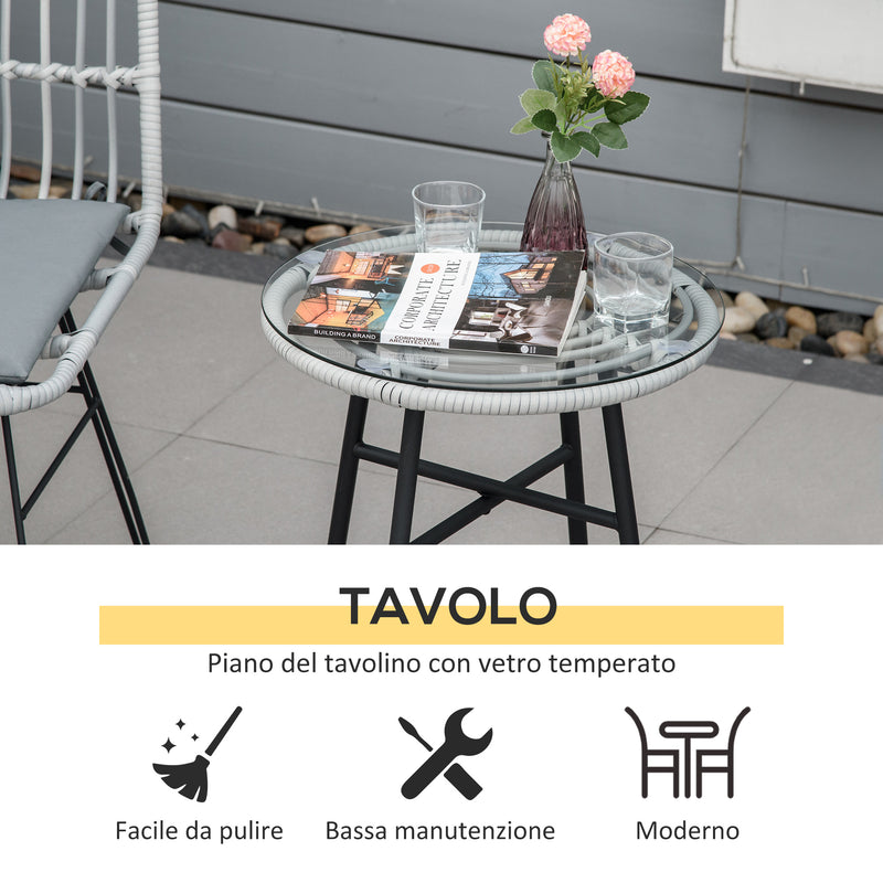 Set Tavolino e 2 Sedie in Rattan Polietilene Grigio-6