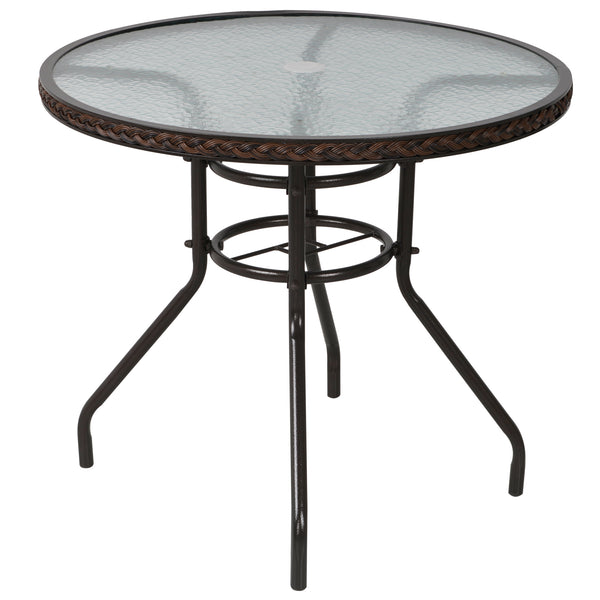 sconto Table de Jardin Ø80x71 cm en Rotin et Verre Trempé Marron