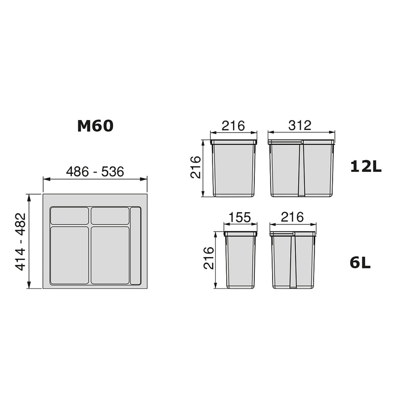Pattumiera Differenziata 3 Contenitori per Cassettone 60x21,6 cm con Base Emuca Grigio Antracite-3