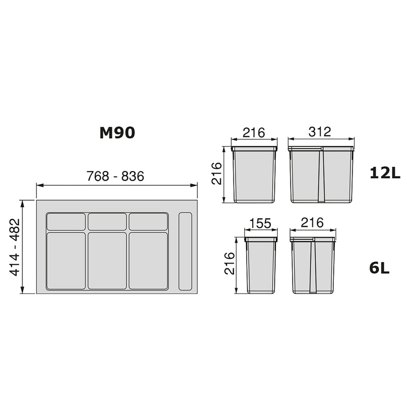 Pattumiera Differenziata 4 Contenitori per Cassettone 90x21,6 cm con Base Emuca Grigio Antracite-3