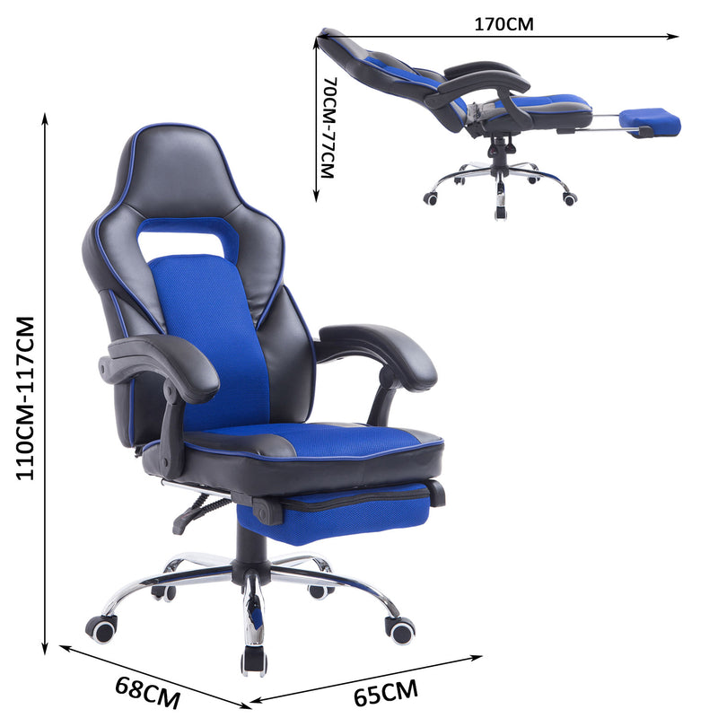 Sedia da Gaming Ergonomica in Similpelle Reclinabile con Supporto Gambe Nera e Blu -3