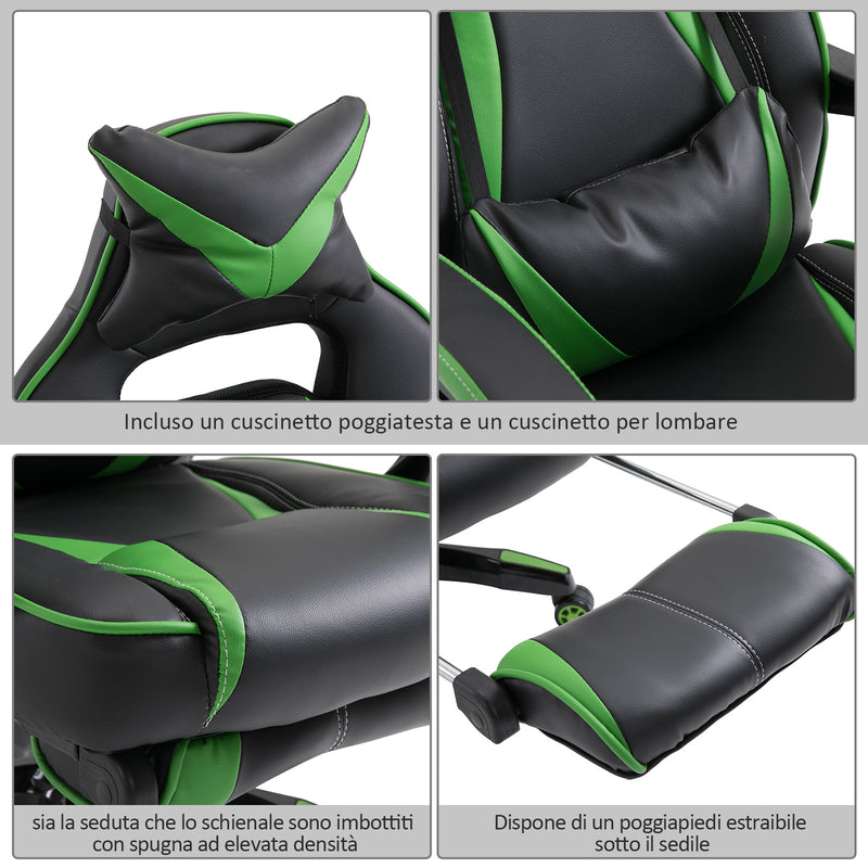 Sedia da Gaming con Rotelle in Similpelle Nero e Verde -9