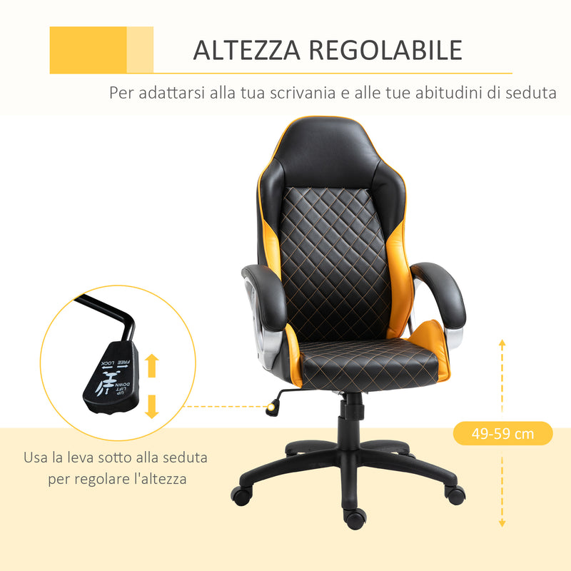 Sedia da Gaming Girevole Reclinabile in Similpelle Nero e Arancione-6