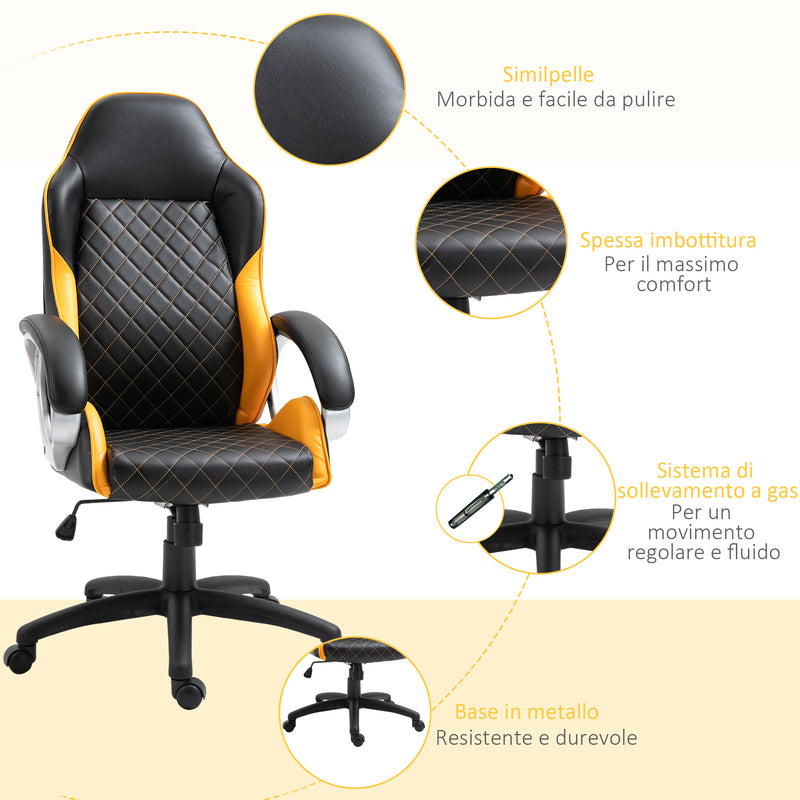 Sedia da Gaming Girevole Reclinabile in Similpelle Nero e Arancione-7