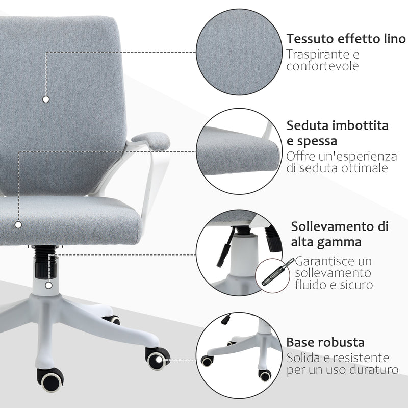 Sedia Operativa da Ufficio 62x69x92-102 cm in Tessuto Effetto Lino Grigia-6