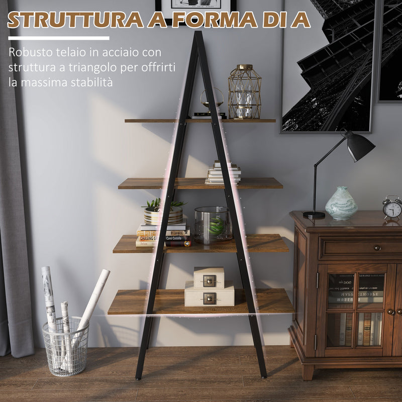 Libreria 4 Livelli a Forma di A 92x38,5x166 cm in Truciolato e Acciaio Marrone Rustico e Nero-5