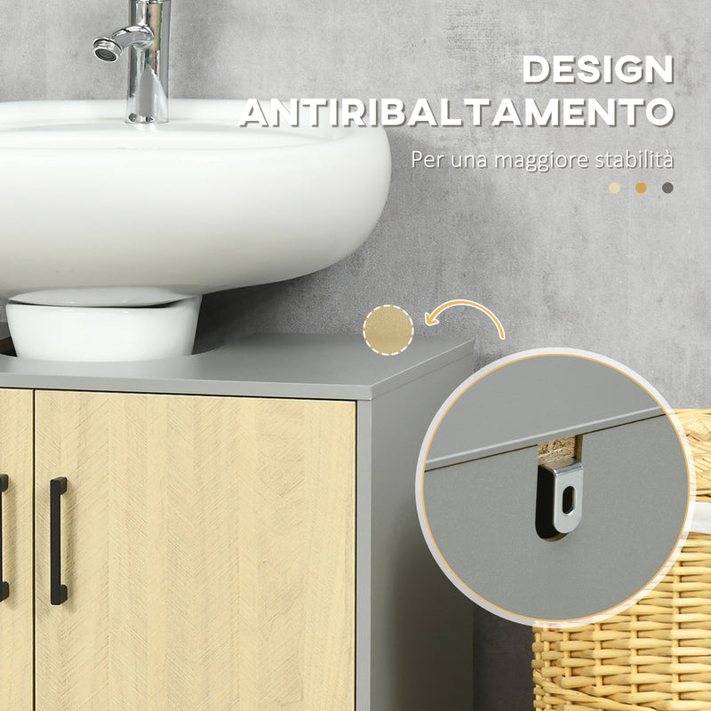 Mobile Sottolavello da Bagno 60x30x60 cm 2 Ante in Truciolato Grigio e Quercia-6