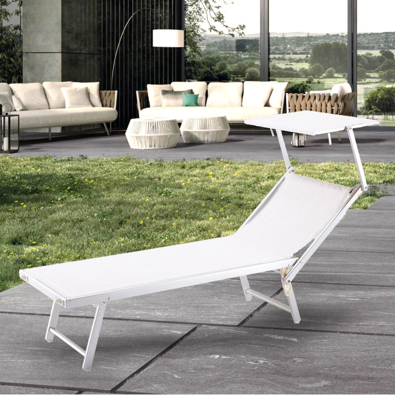 Lettino Prendisole 185x71,5x41 cm in Alluminio e Textilene con Parasole Bianco-1