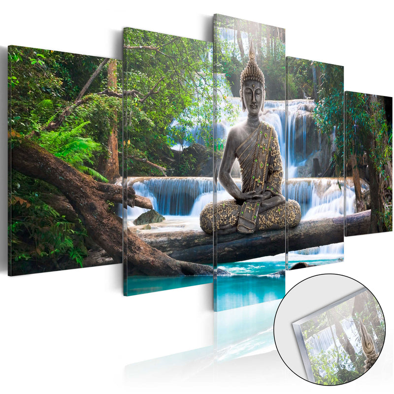 Quadro su Vetro Acrilico - Buddha And Waterfall 100x50cm Erroi-1