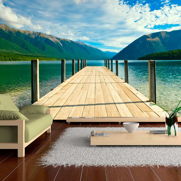 online Photo Papier Peint Mural - Jetée Sur Le Lac Entre Les Montagnes 450x270cm Erroi