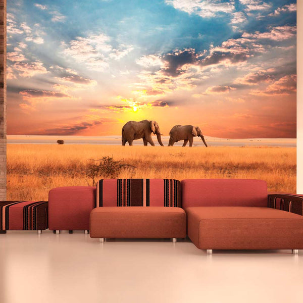 Papier Peint Fresque - Éléphants Dans La Savane Africaine Papier Peint Erroi sconto