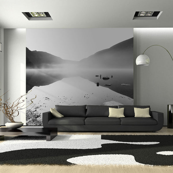 sconto Papier Peint Photo Mural - Lac De Montagne Noir Et Blanc 200x154cm Erroi