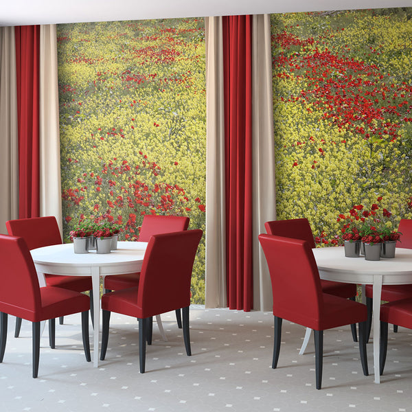 prezzo Papier Peint Fresque - Prairie Avec Fleurs Jaunes Et Rouges 200x154cm Erroi